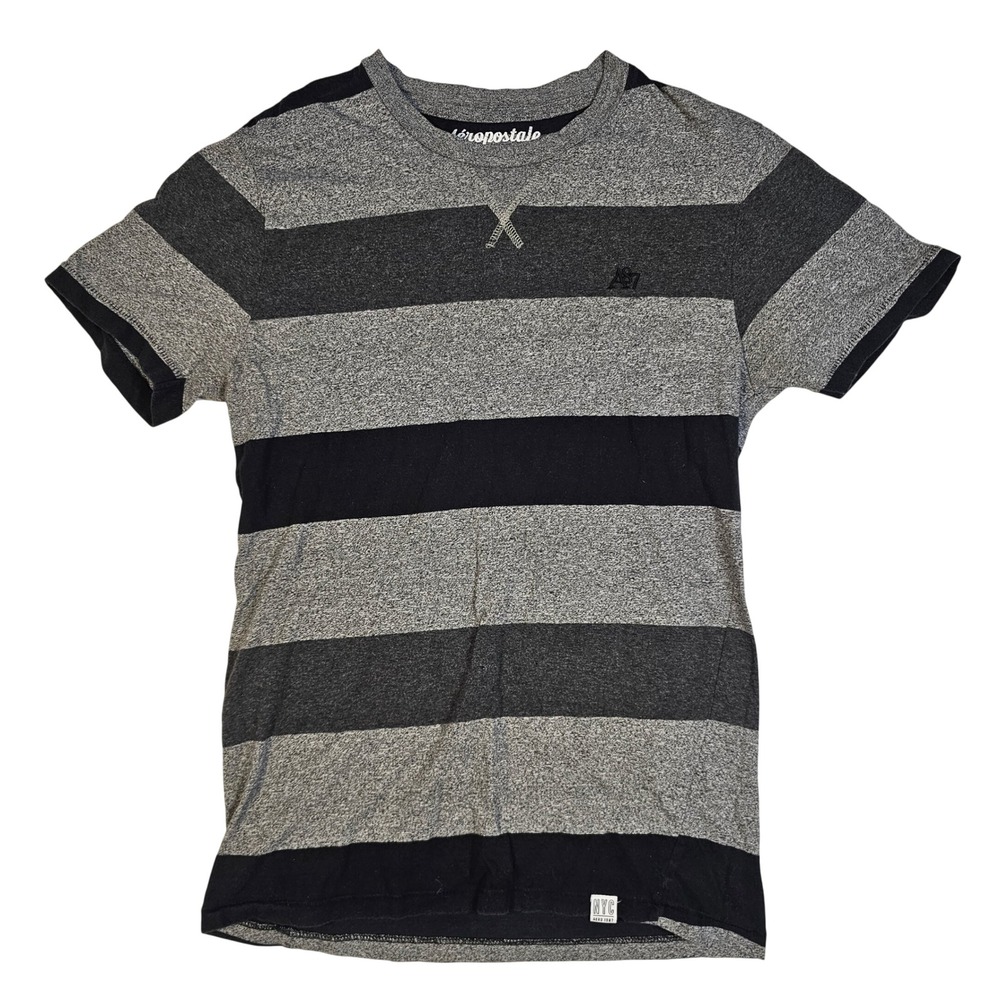 Aeropostale Mens Small Striped Short Sleeve T-Shirt Grey BlackHeathered Crewneck
